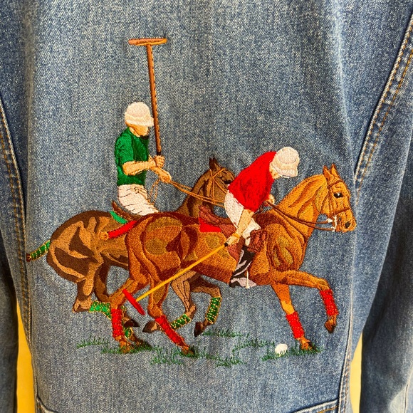 OOAK EMBROIDERED POLO PONY HORSE SCENE Denim Coat by Halogen Woman’s S Vtg RARE! - Picture 15 of 15